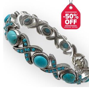 Balinese Silver Bracelet Turquoise Blue Square Shape Semi Precious Stone Howlite